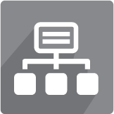 Icon of a flowchart with three connected boxes below a top box, all in gray tones.