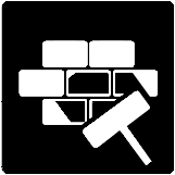 A black and white icon of a brick wall with a hammer.